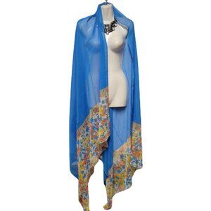 Blue Sheer Scarf Long Wide Floral Motif Dupatta Scarf- NEW